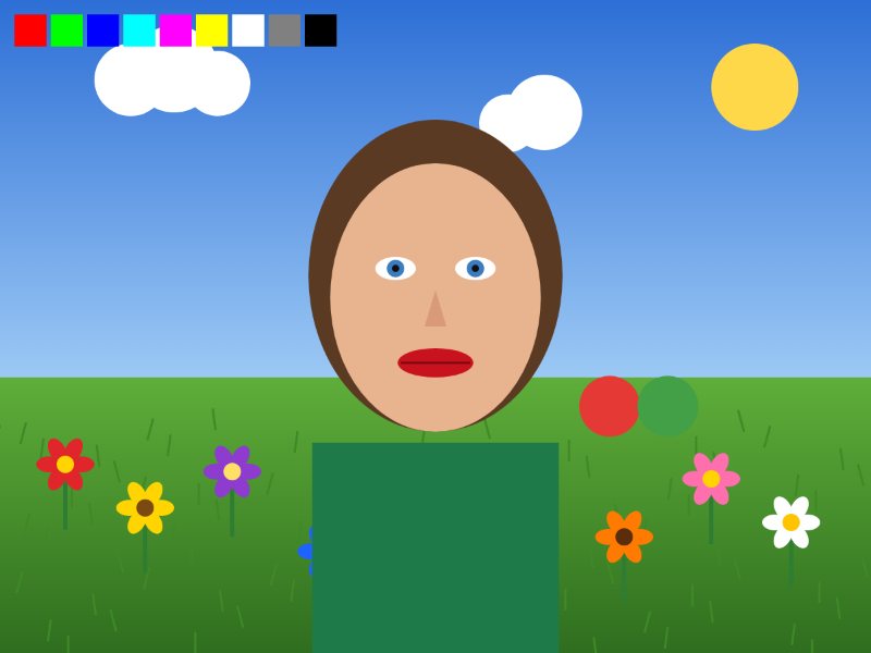 Sample scene drawn in code: a face with red lips, a green shirt, red and green apples, flowers and a colour strip, as a person sees it.